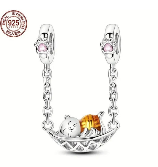 S925 Sterling Silver Cat in a Hammock Safety Chain Bracelet Charm + Gift Bag