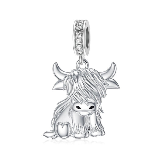 S925 Sterling Silver Scottish Highland Dangle Cow Bracelet Charm + Gift Bag